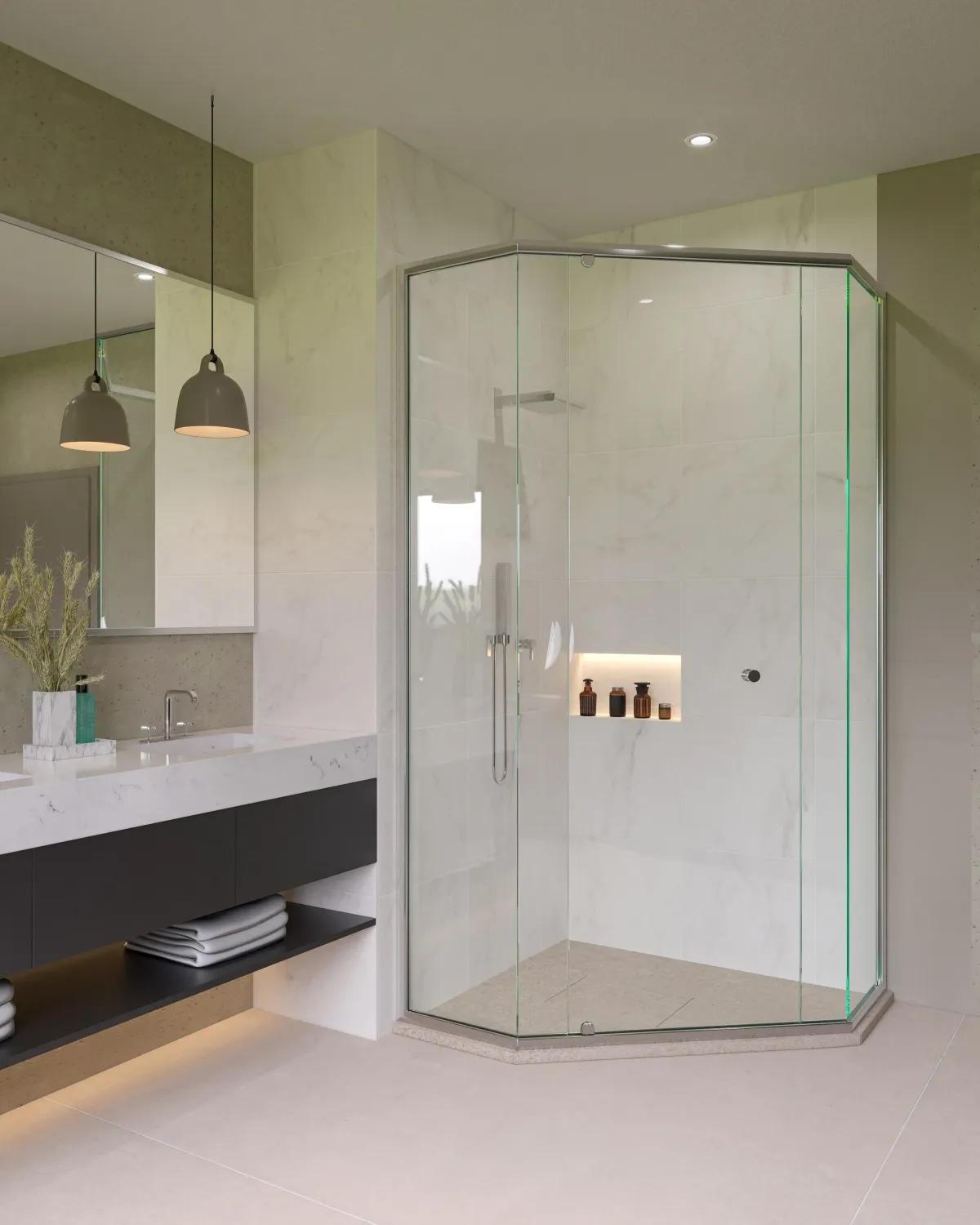 Bulimba bathroom with custom semi frameless glass shower screen, double vanity, pendant lights, and marble-look tiles.