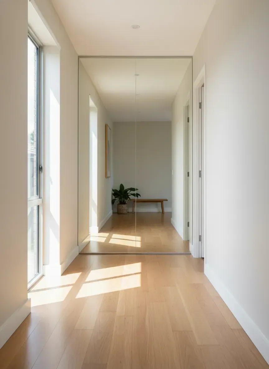 Large custom mirror panel enhancing light and space in an elegant Bulimba interior.