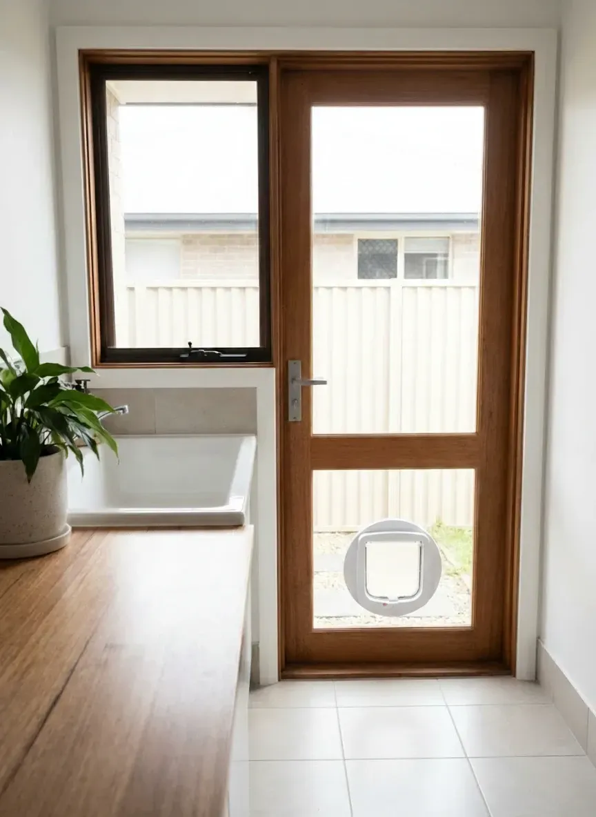 Pet access solution for Bulimba homes with a pet door integrated into a glass door