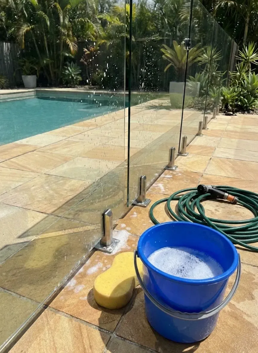 Easy maintenance of frameless glass pool fencing using squeegee and microfiber cloth in Bulimba