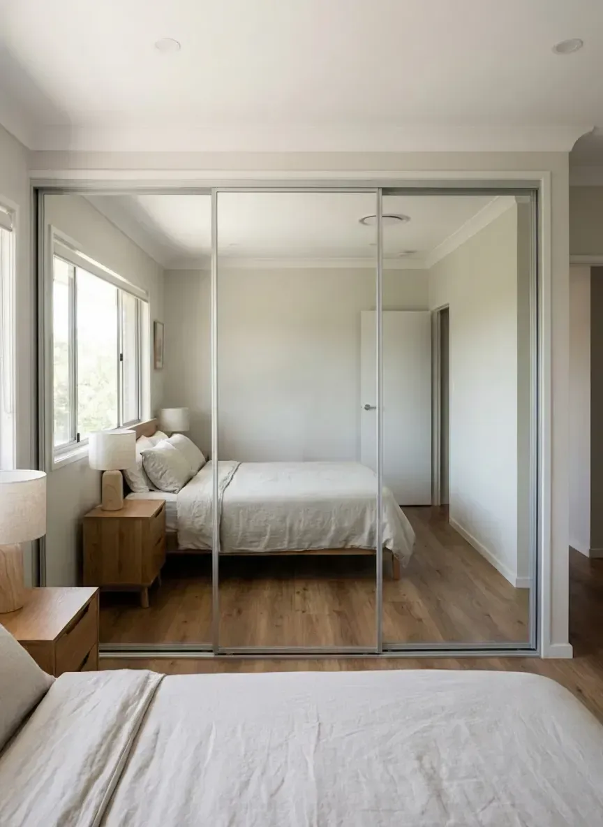 framed mirror wardrobe doors with aluminium frame in bulimba bedroom