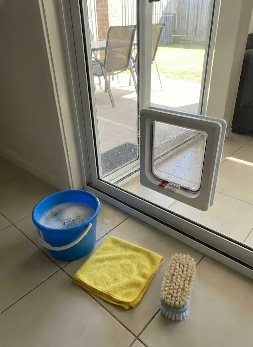 Easy maintenance for pet doors in glass: cleaning flap, frame, and sliding door tracks