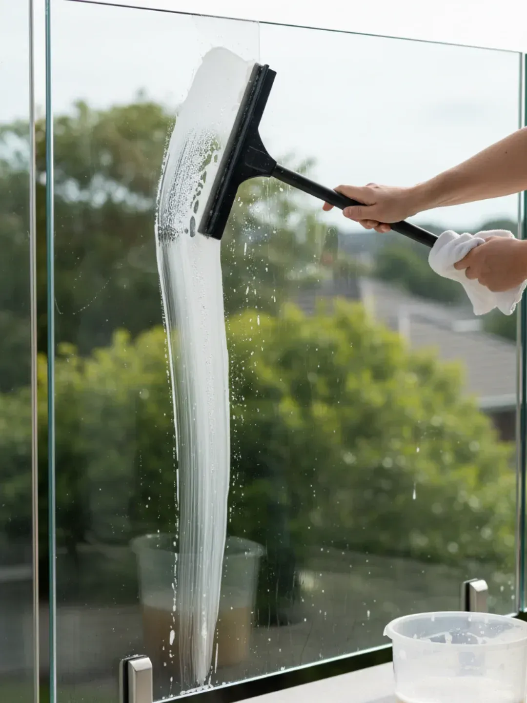 Easy cleaning of glass balustrades using squeegee and microfiber cloth in Bulimba