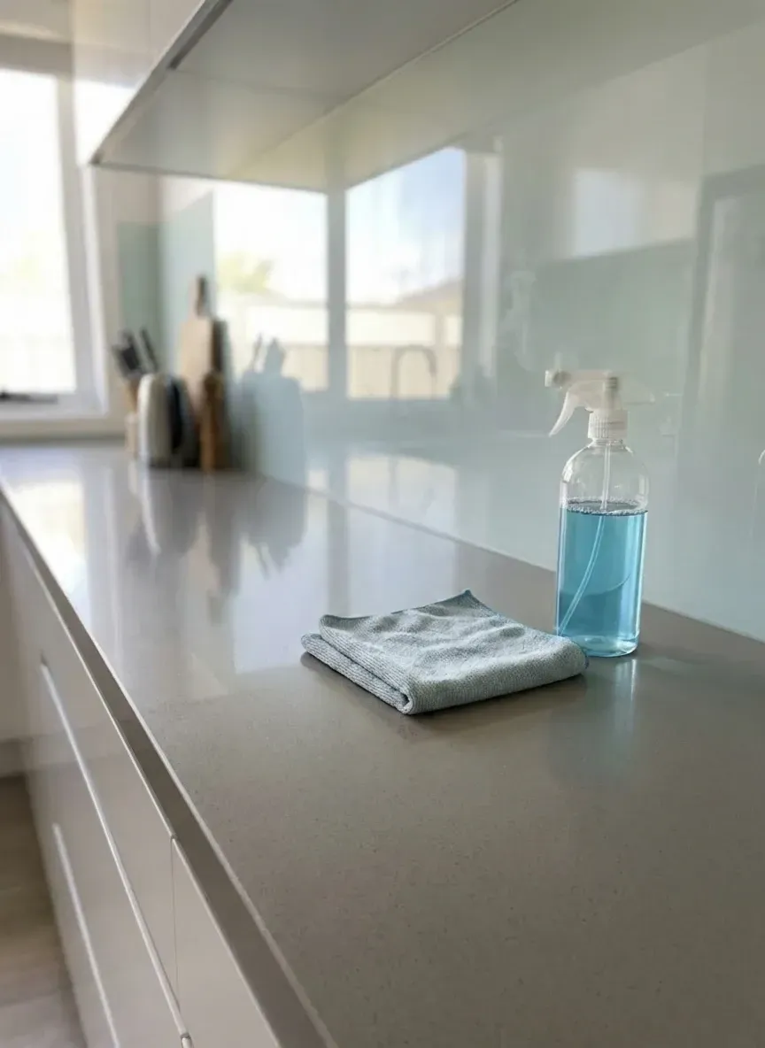 Cleaning glass splashback with microfiber cloth and ammonia-free cleaner for streak-free shine